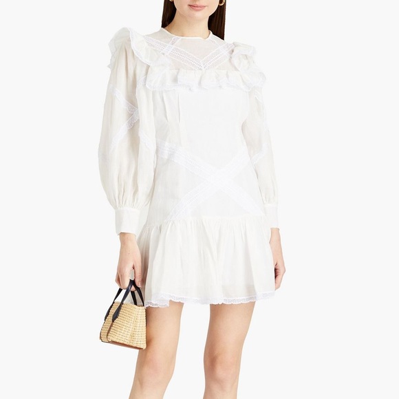 Sandro Belem guipure lace-trimmed ruffled ramie mini dress size36 - Picture 1 of 5